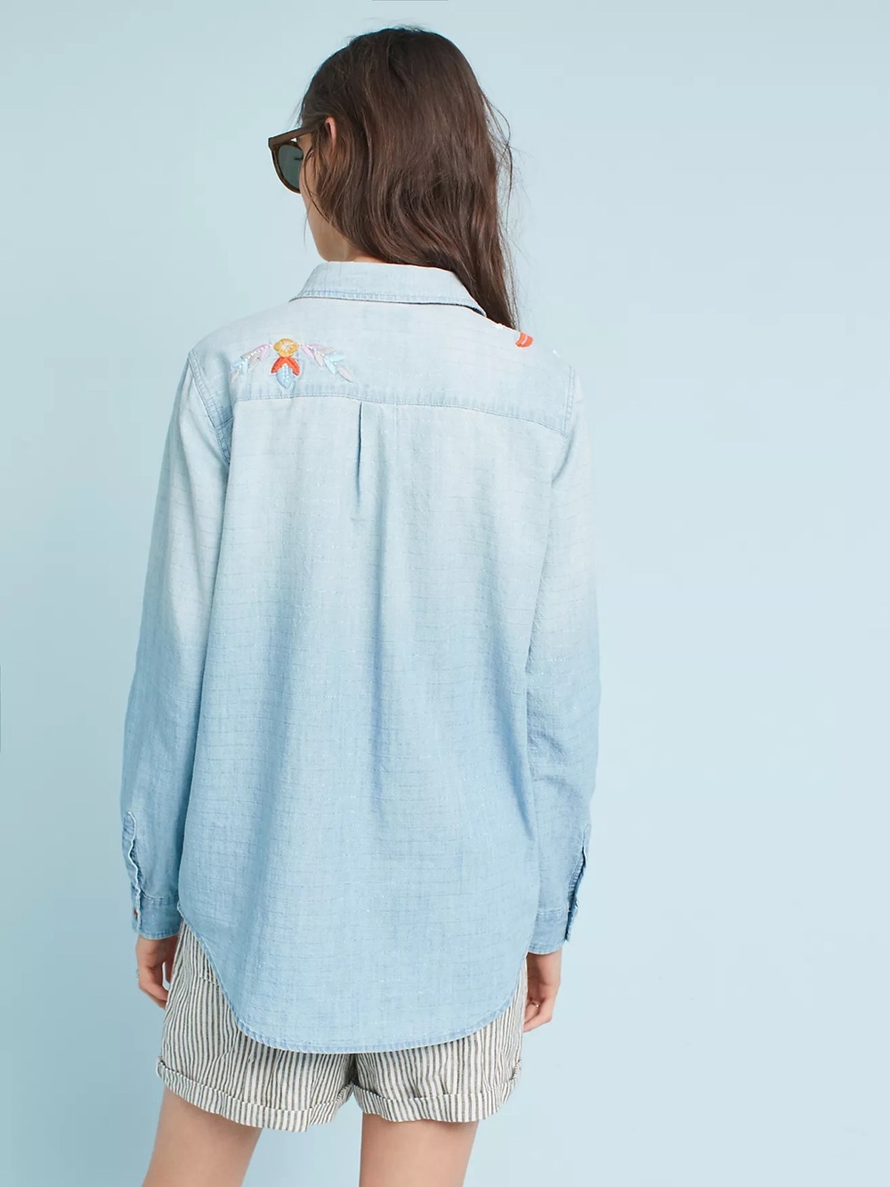 MAEVE ANTHROPOLOGIE Embroidered Sequin  Denim Chambray Button Down Floral - Picture 5 of 10